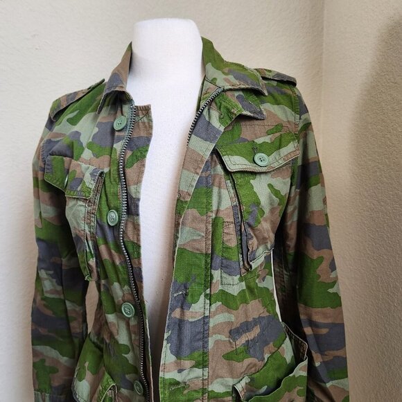 J Crew Jacket Womens XS Boyfriend Fatigue Hooded Camouflage Cotton camo army zip - Picture 2 of 13